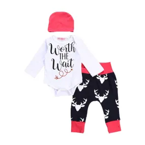 3 Piece Worth the Wait Baby Girl Onesie, Pants, and Hat Set