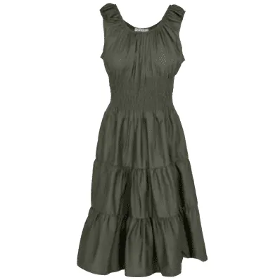 Astrid Italy Seashore Smocked Sleeveless Midi Dress in Cargo