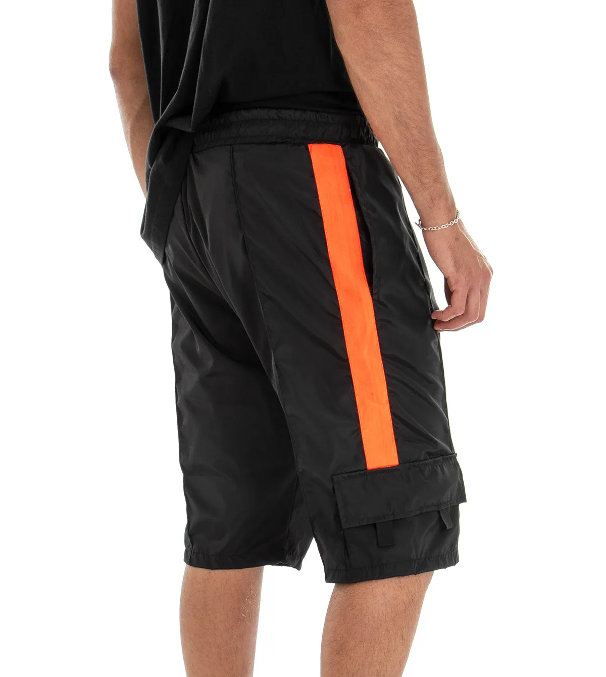 Bermuda Pantaloncino Tuta Shorts Tinta Unita Nero Riga Fluo GIOSAL-PC1546A