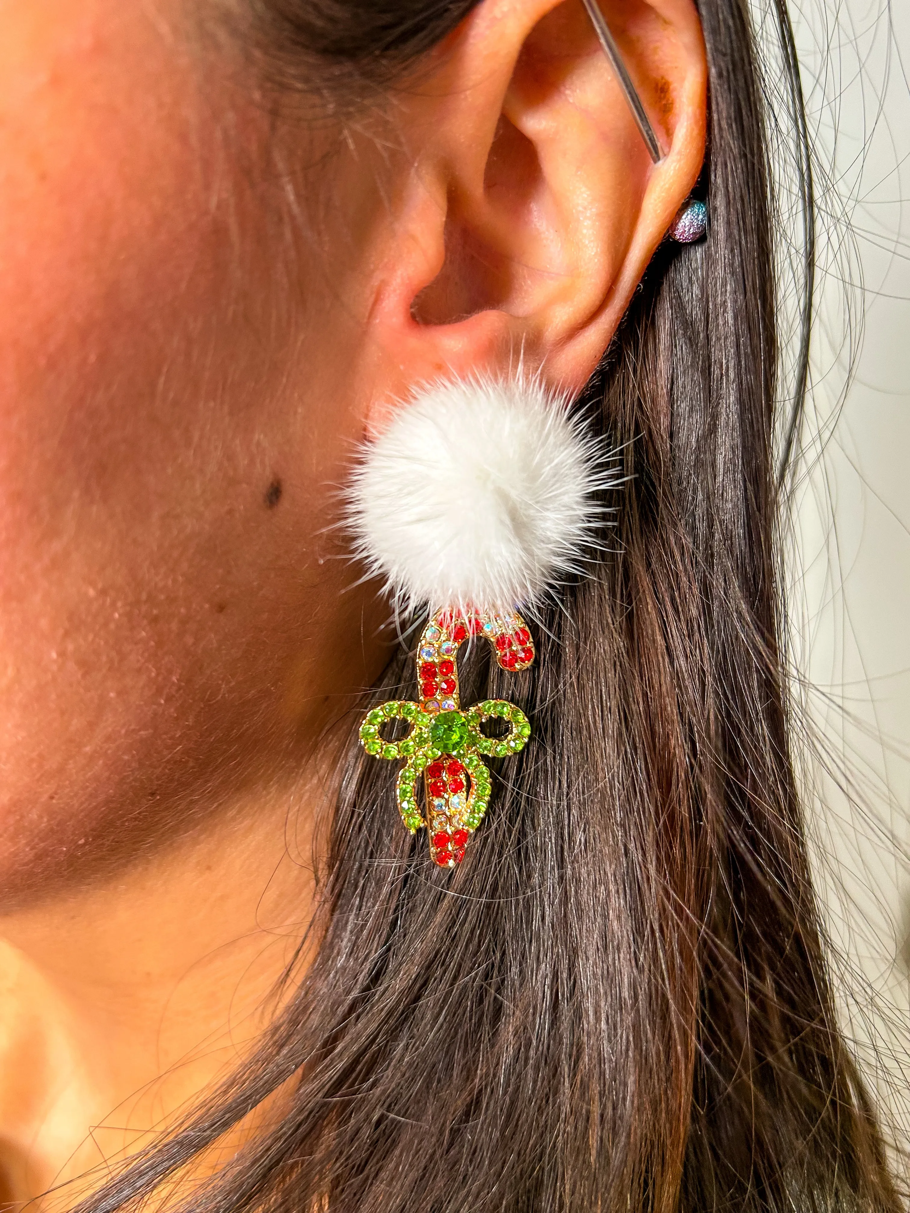 Betty Lou Furry Candy Cane Earrings - Red Mix