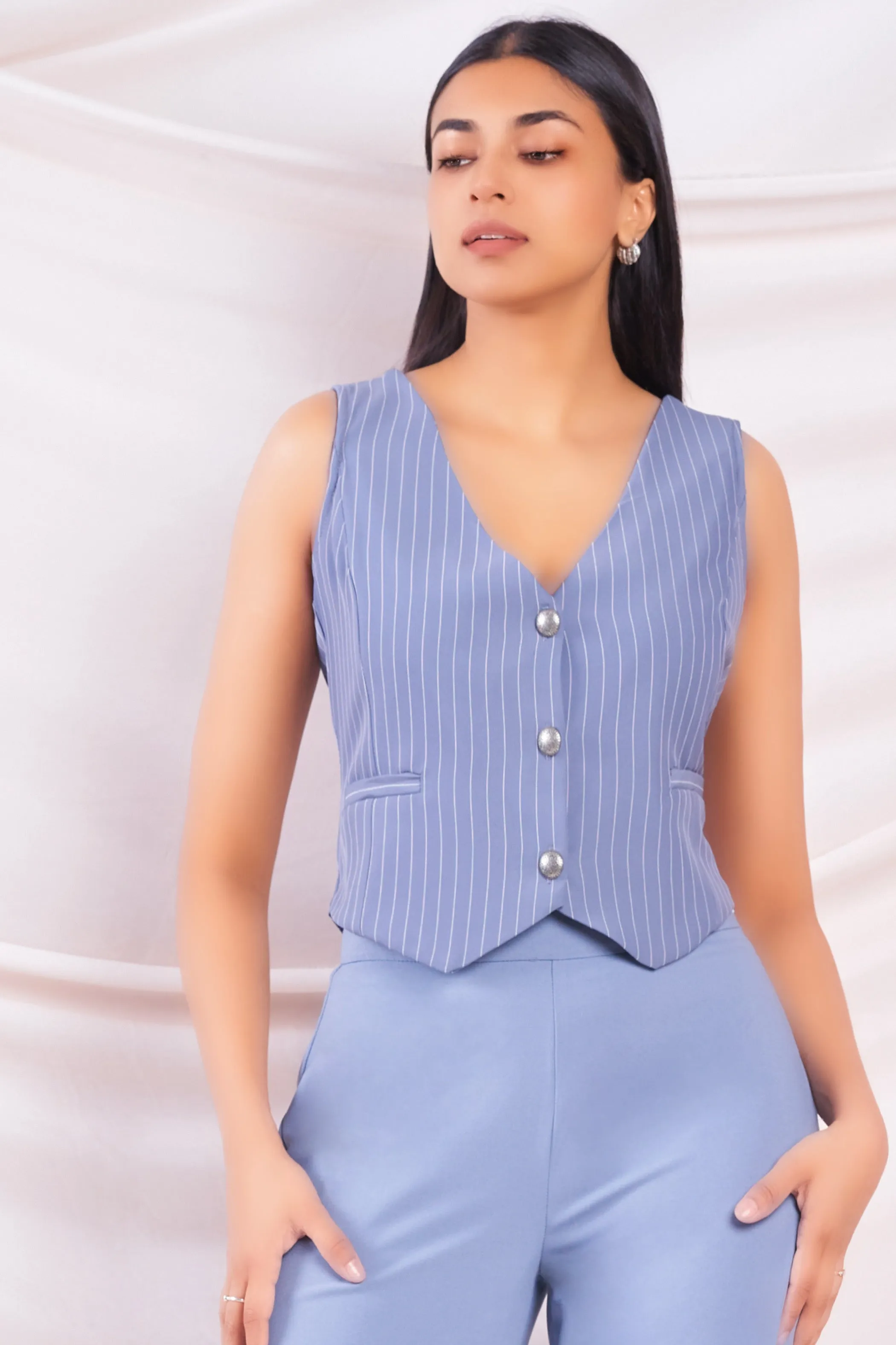 Blue Pinstripe Cropped Waistcoat