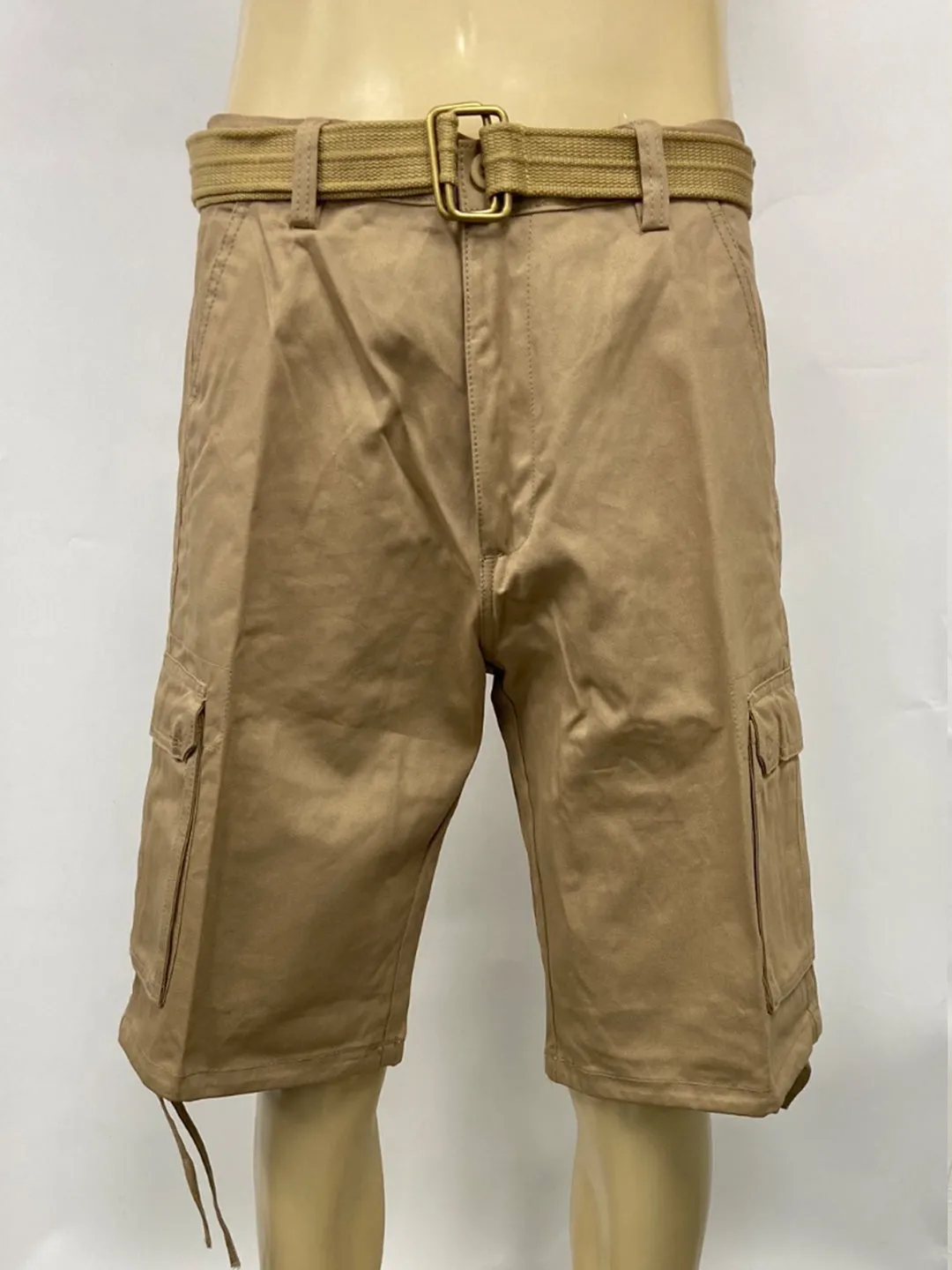 Cargo Shorts with Adjustable Twill Belt Utility Pocket - Khaki