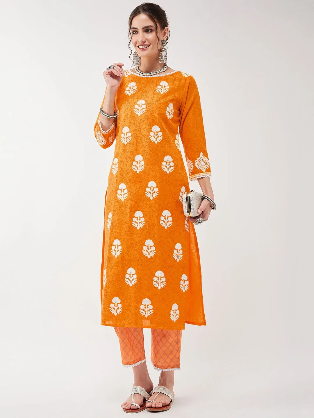 Casual Printed Kurta With Lace Detailed Pant Set