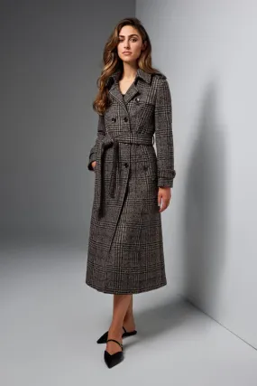 Caterina Wool Trench Coat - Brown and Burgundy Check Wool Mohair Silk