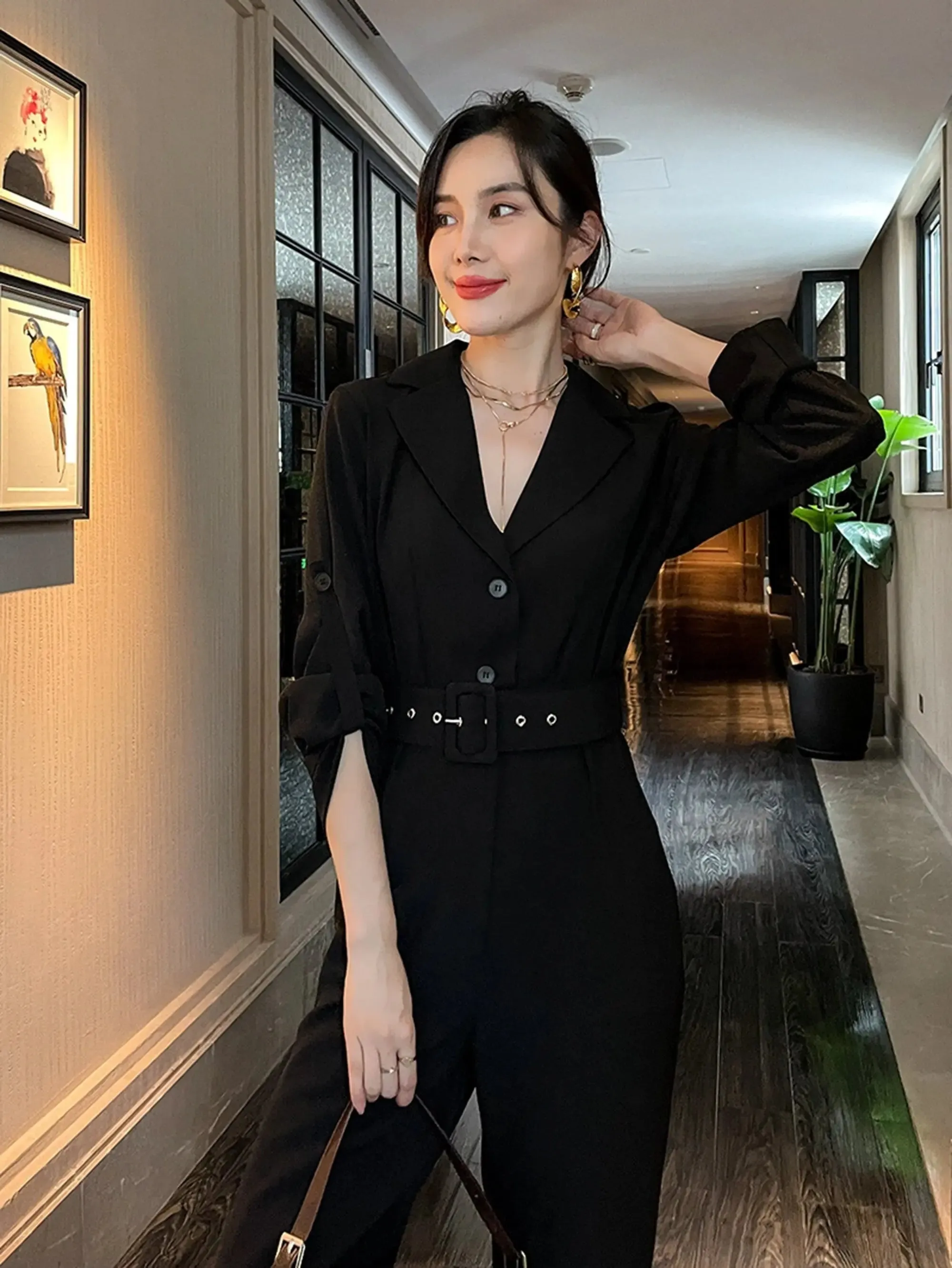 Cherry Belted Black Jumpsuit