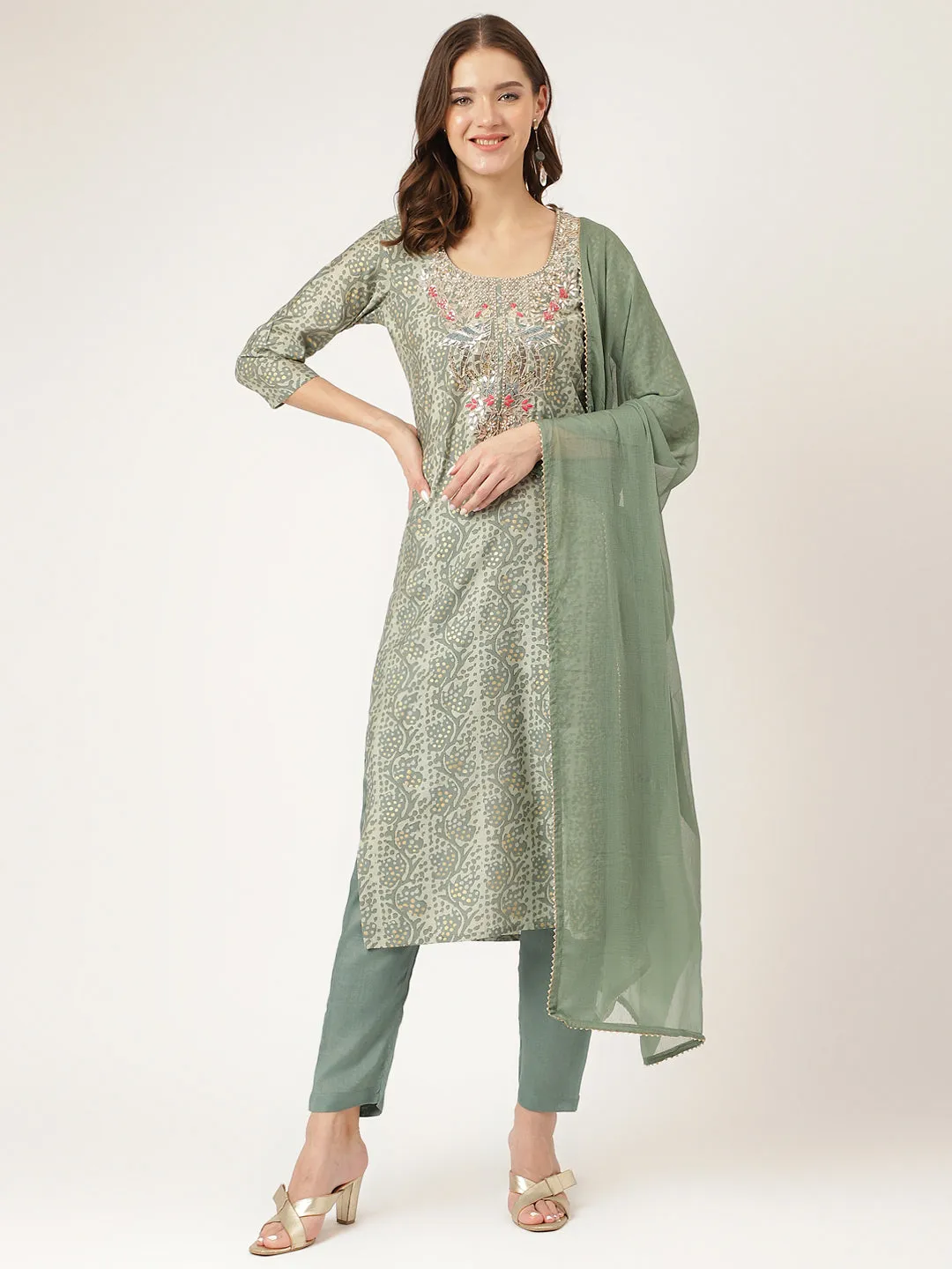 Divena Green Floral Print Chanderi Kurta, Trouser With Dupatta