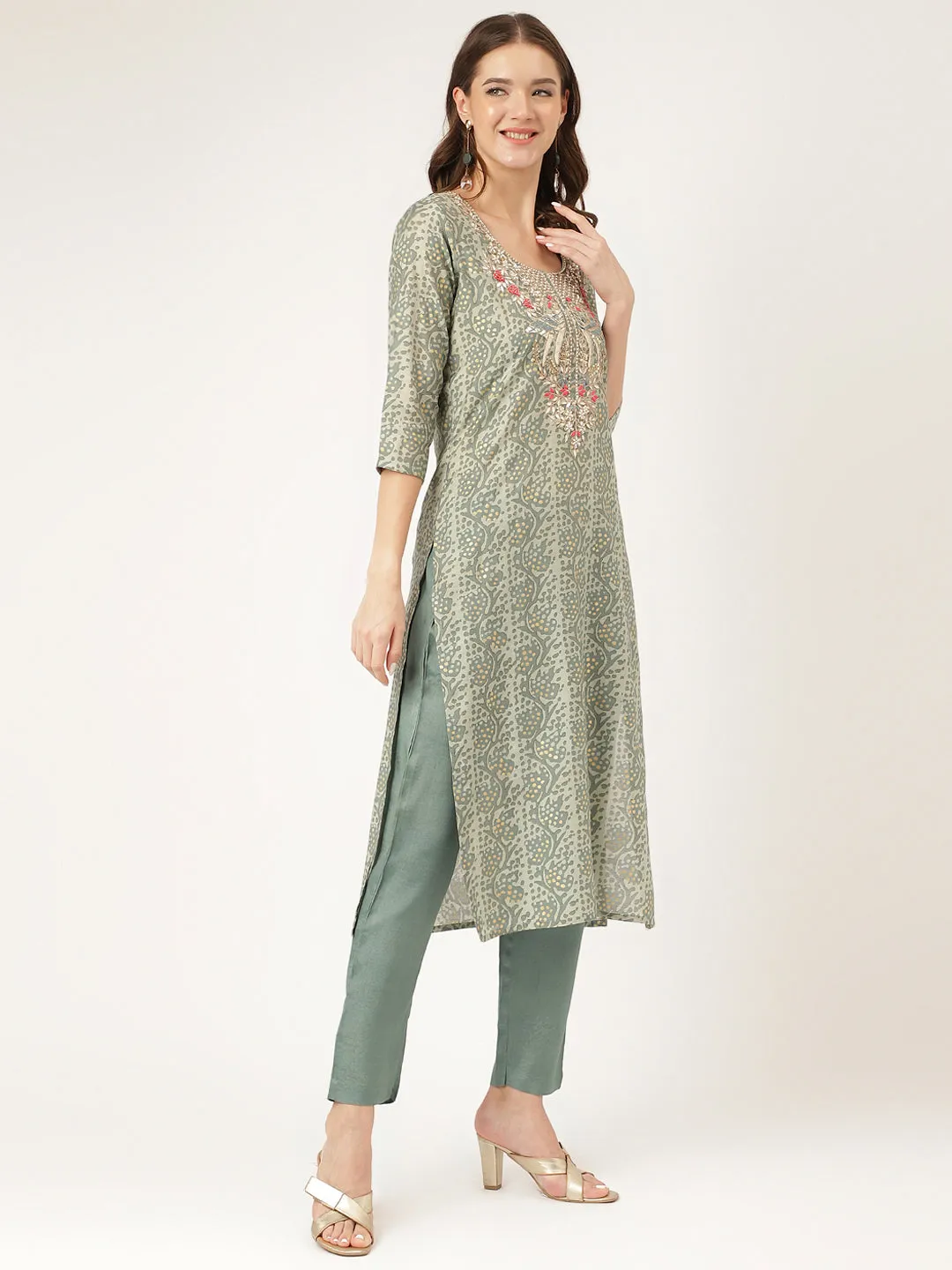 Divena Green Floral Print Chanderi Kurta, Trouser With Dupatta