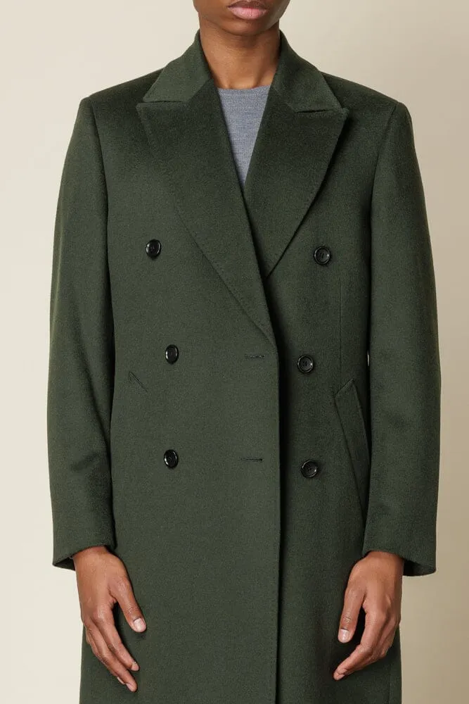 Double Breasted Long Coat - Olive Wool