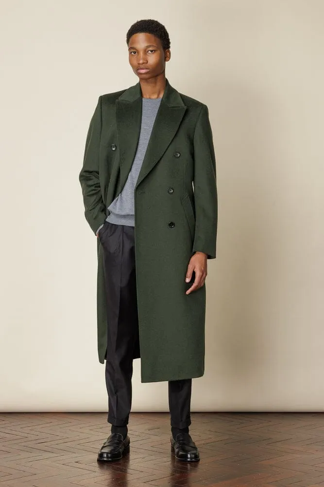 Double Breasted Long Coat - Olive Wool