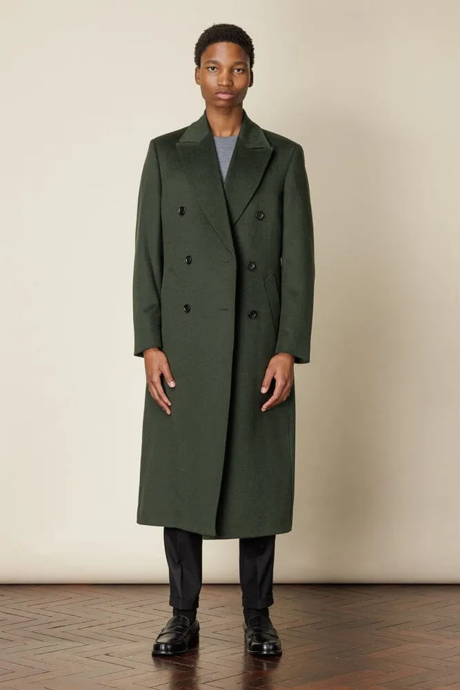 Double Breasted Long Coat - Olive Wool