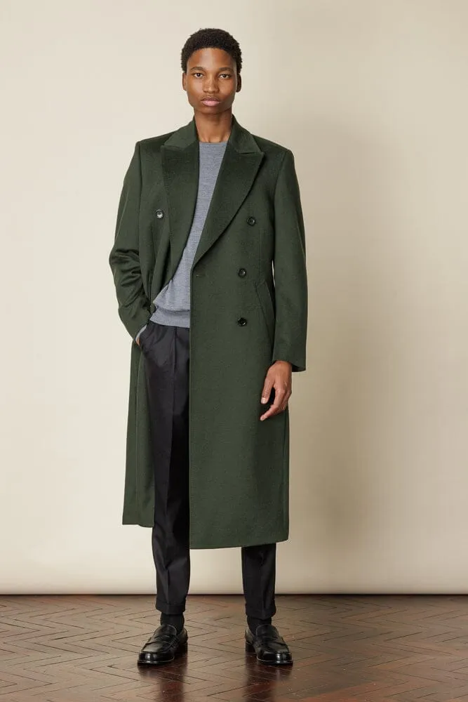 Double Breasted Long Coat - Olive Wool