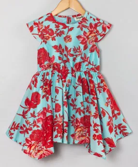 High low dress with red floral print all over-Turq blue