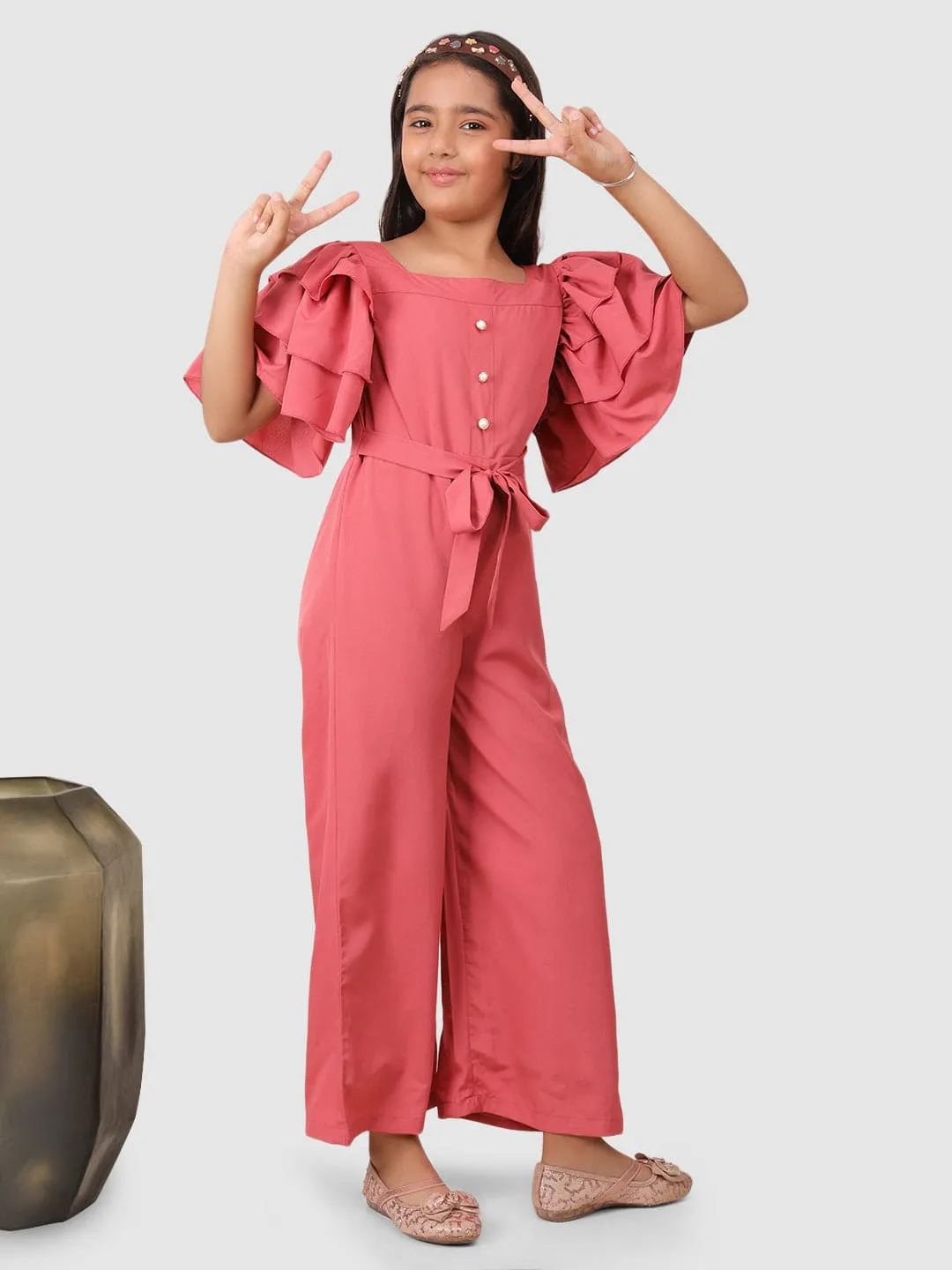 Layered Sleeve jumpsuit with pearl embelishment Pink