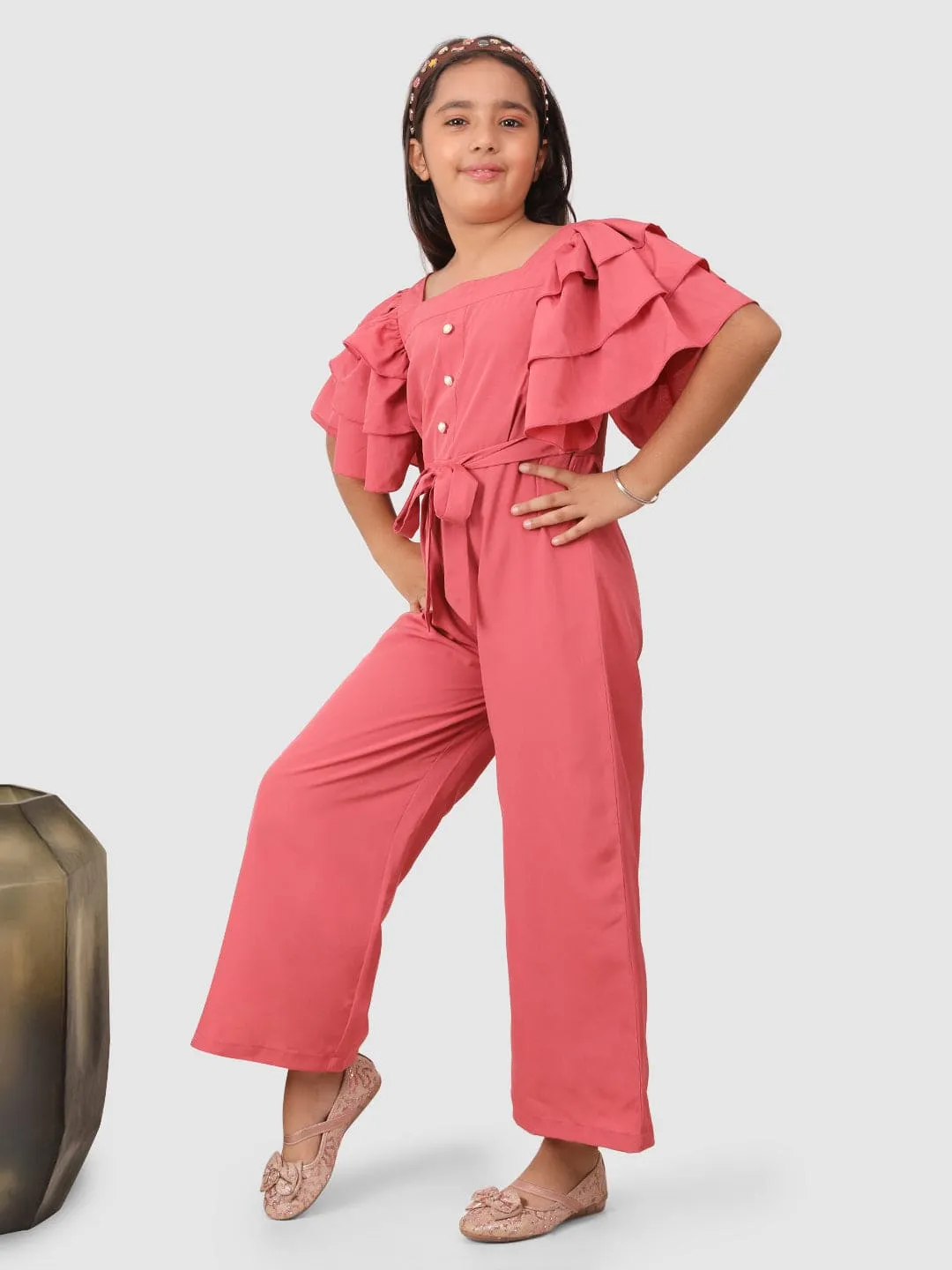 Layered Sleeve jumpsuit with pearl embelishment Pink