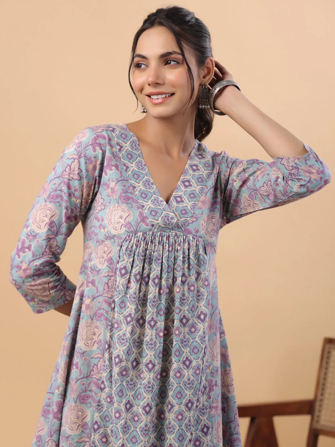 Light Blue Cotton Floral Panelled A-Line Kurta Set