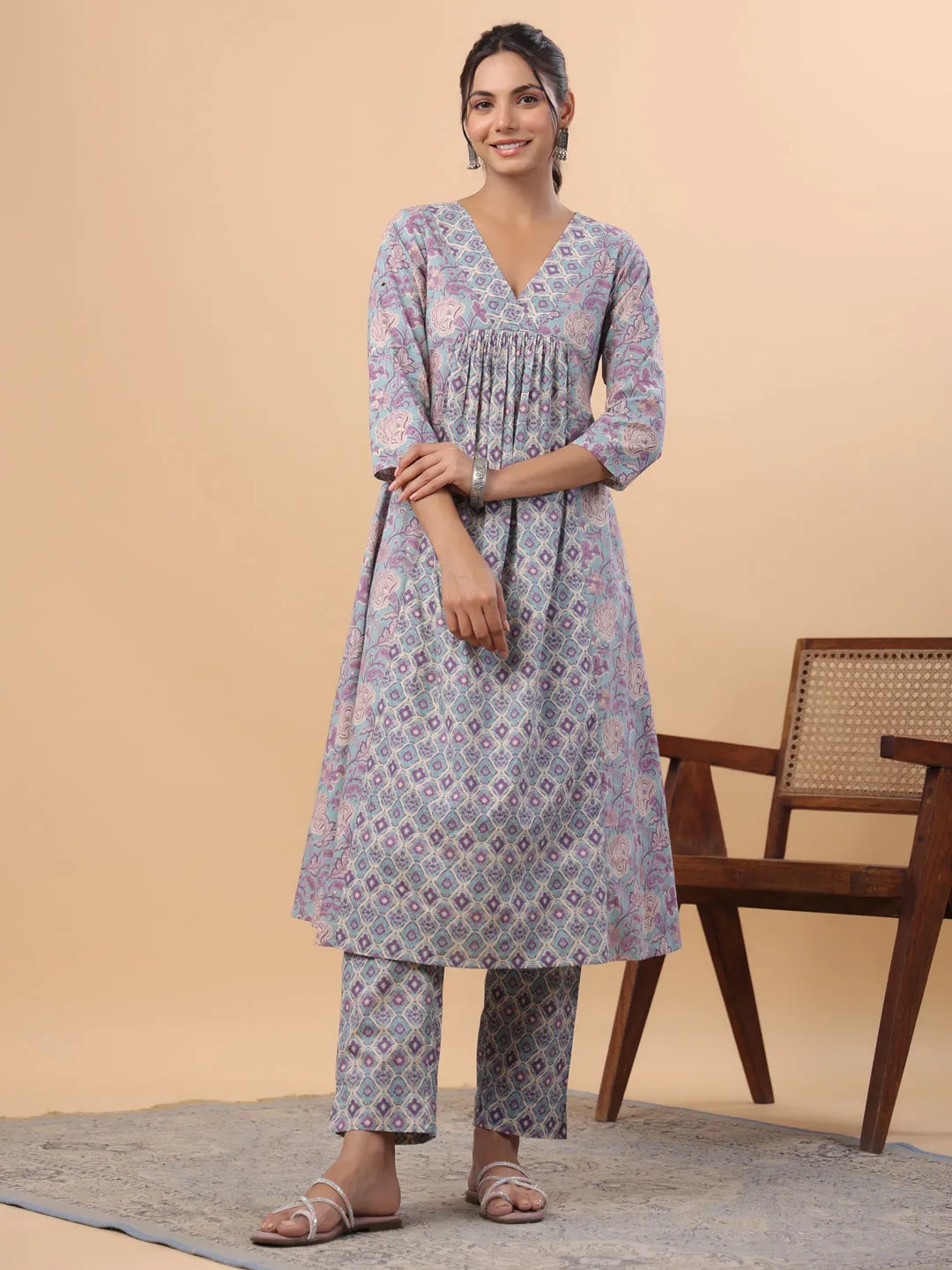 Light Blue Cotton Floral Panelled A-Line Kurta Set