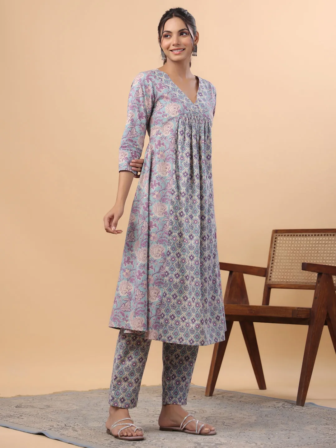 Light Blue Cotton Floral Panelled A-Line Kurta Set