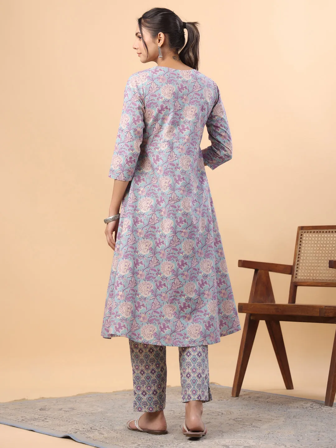 Light Blue Cotton Floral Panelled A-Line Kurta Set