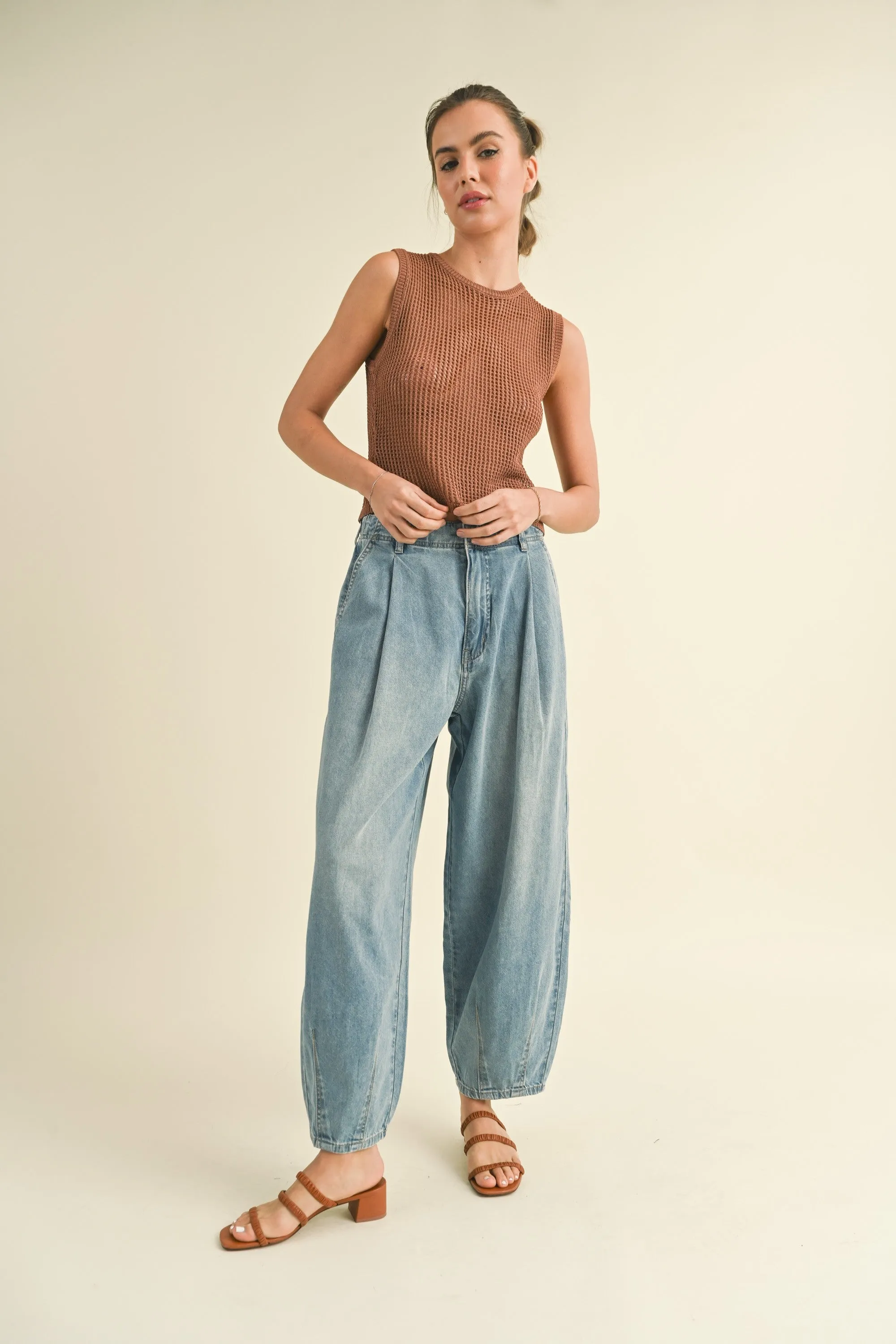 Loose Fit Barrel Jean with Pleat Detail in light denim by Miou Muse