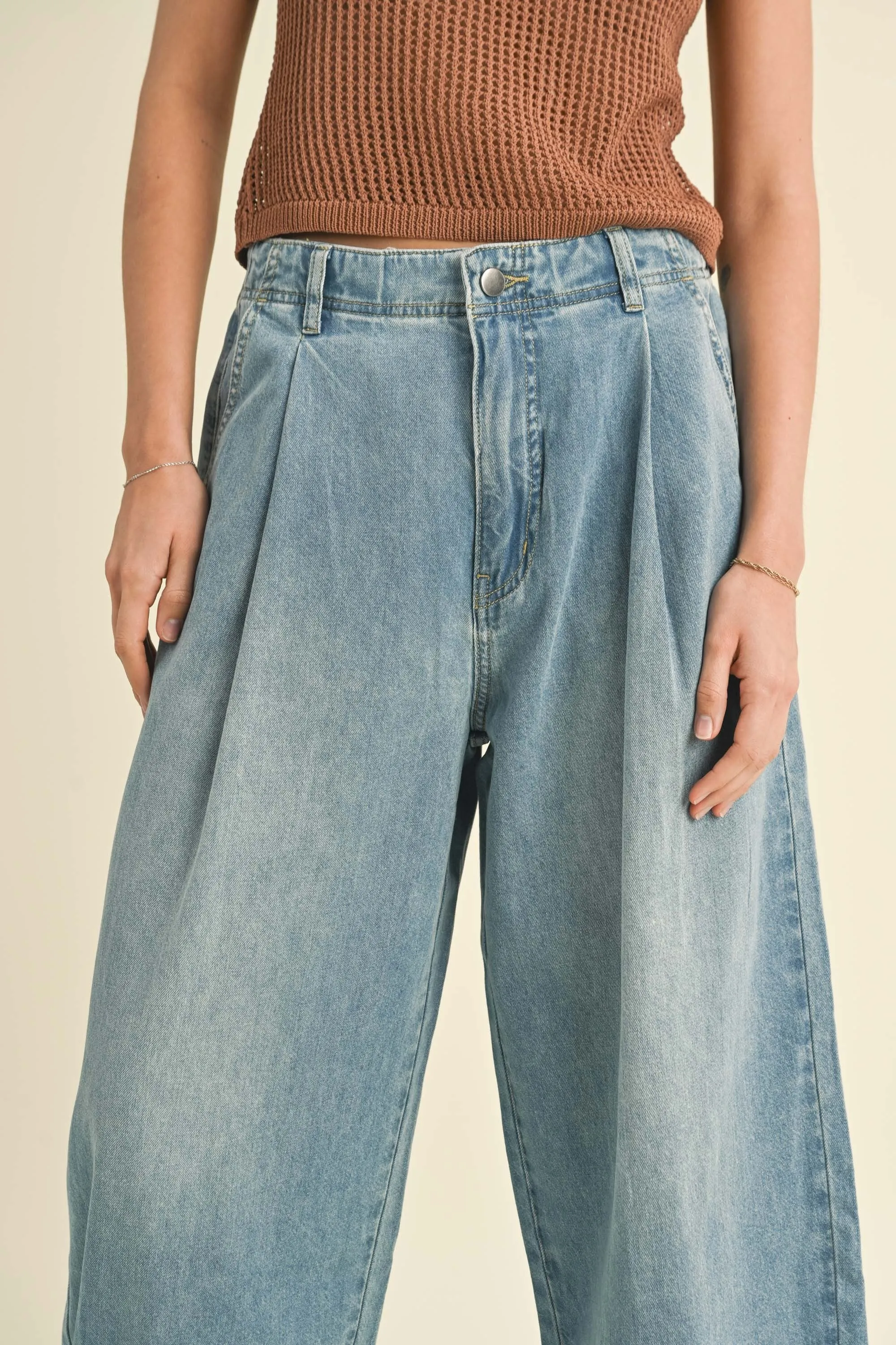 Loose Fit Barrel Jean with Pleat Detail in light denim by Miou Muse