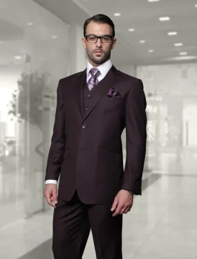 Men's 3 Piece Tailored Fit Wool Suit by Statement Color Eggplant