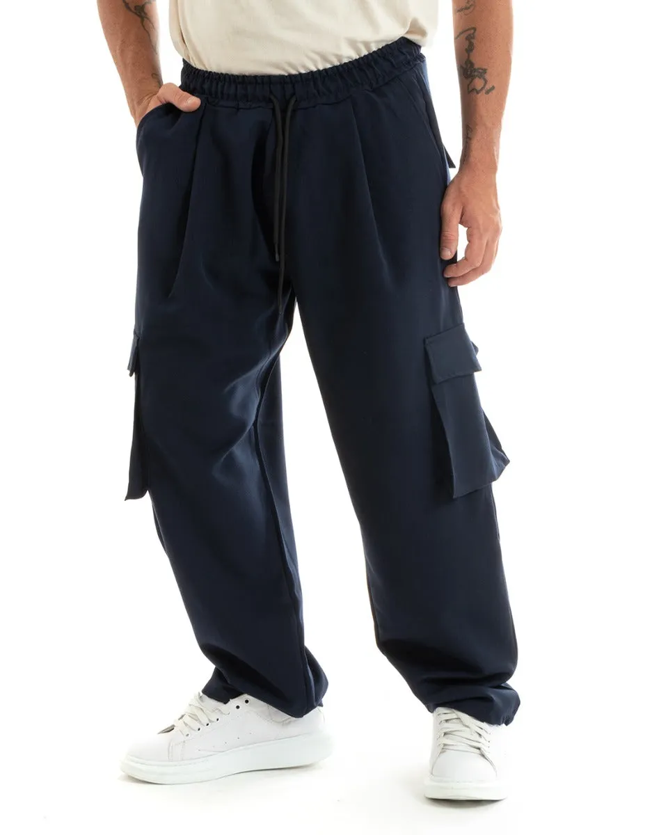 Pantaloni Uomo Baggy Lungo Pantalaccio Fondo Largo Cargo Tasconi Blu GIOSAL-P5920A