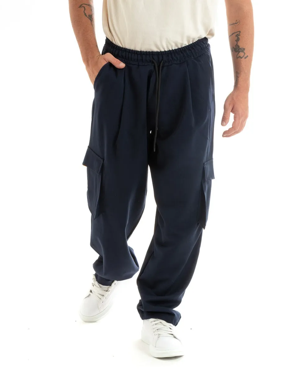 Pantaloni Uomo Baggy Lungo Pantalaccio Fondo Largo Cargo Tasconi Blu GIOSAL-P5920A