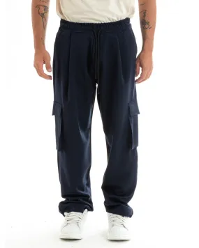 Pantaloni Uomo Baggy Lungo Pantalaccio Fondo Largo Cargo Tasconi Blu GIOSAL-P5920A