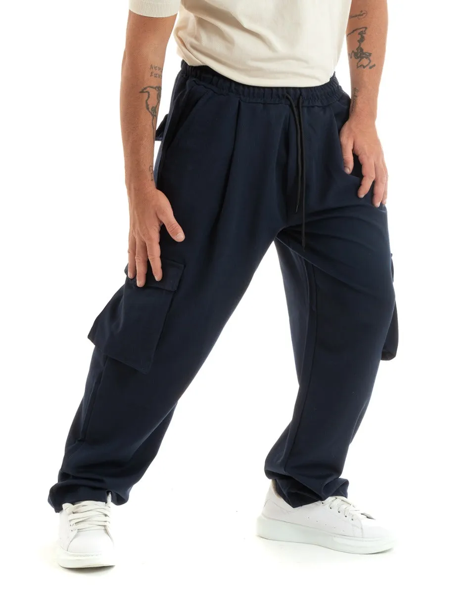 Pantaloni Uomo Baggy Lungo Pantalaccio Fondo Largo Cargo Tasconi Blu GIOSAL-P5920A