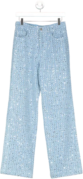 Rotate Birger Christensen Blue Sequined High Rise Boucle Straight Leg Jeans UK 10