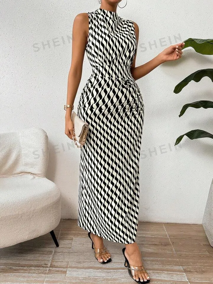 Stand collar wave striped sleeveless dress in multi