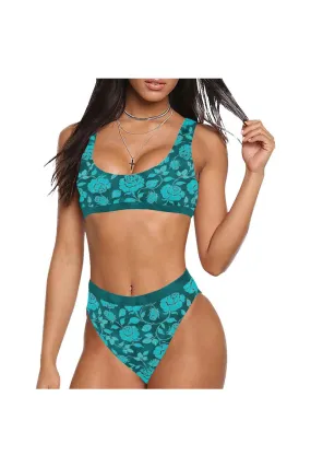 top band aqua daisy Sport Top & High-Waisted Bikini Swimsuit (Model S07)